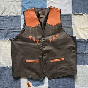 vtg 90s high noon leather western vest brown black arrow size L